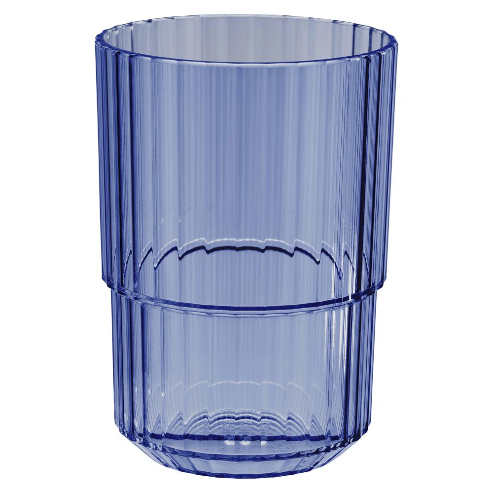 Blaues, geriffeltes Trinkglas, stapelbar.