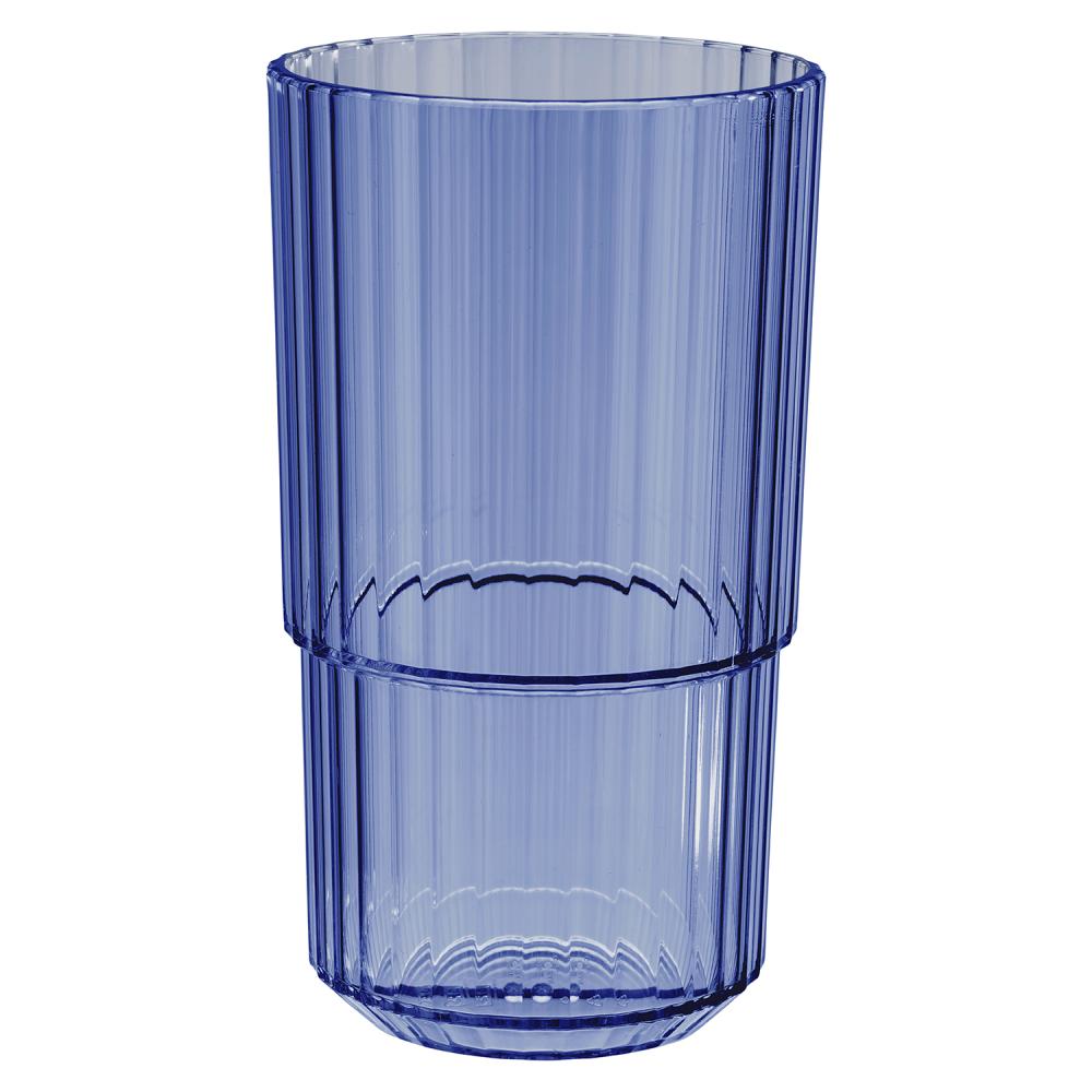 Blaues, geriffeltes Trinkglas, stapelbar.