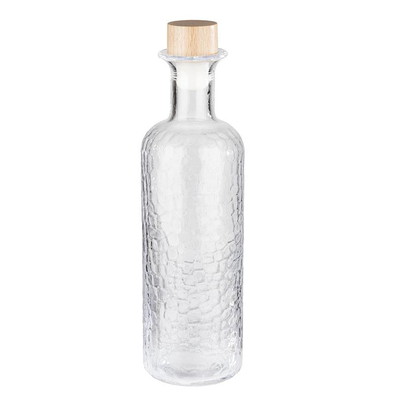 Glasflasche mit Holzdeckel.