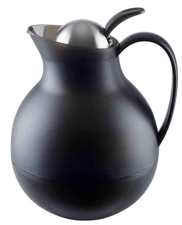 Schwarze Thermoskanne mit Griff.