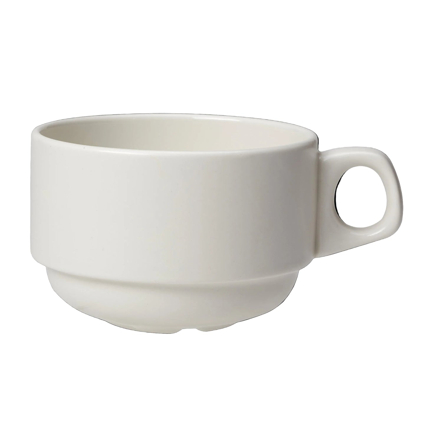 Weiße Tasse mit Henkel.