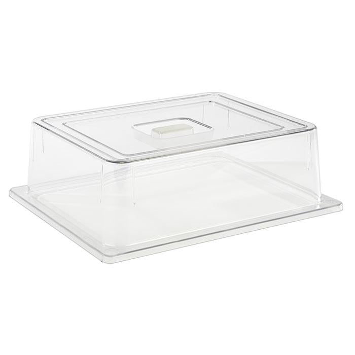 Transparente rechteckige Abdeckhaube für Speisen.