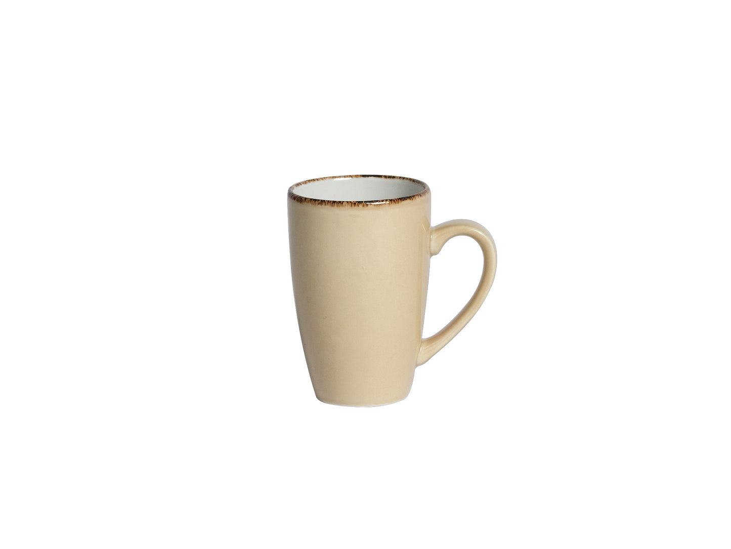 Beige Tasse mit Henkel.