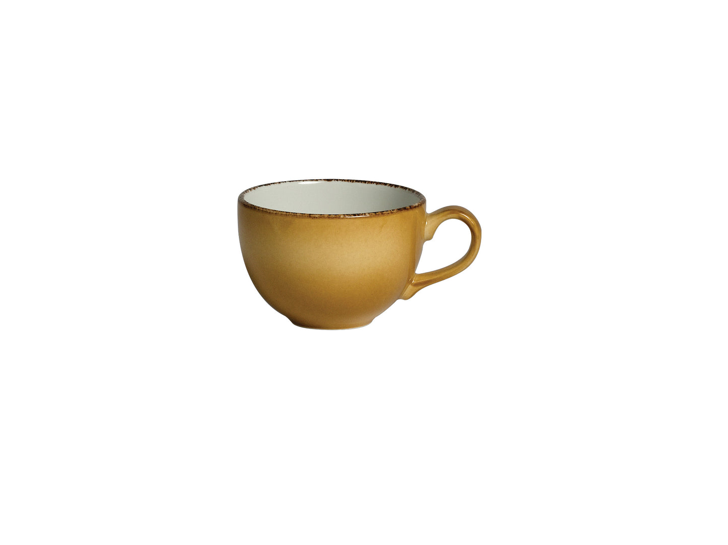 Gelbe Tasse auf weißem Hintergrund.