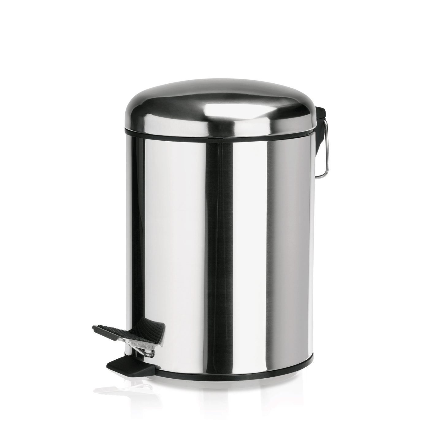 Silberner Mülleimer mit Fußpedal.