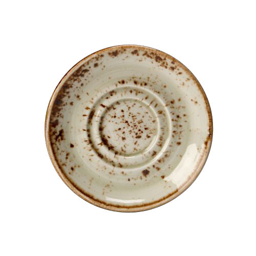 Rustikaler, gesprenkelter Keramikteller, beige.