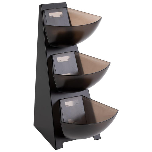 Dreistufiger schwarzer Buffet-Display-Ständer.