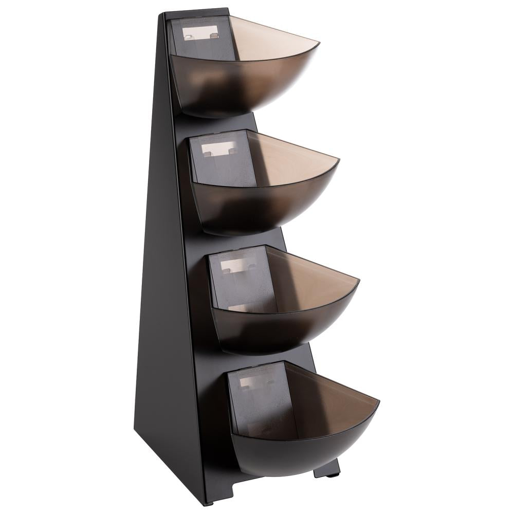 Schwarzes Regal mit vier Schalen.