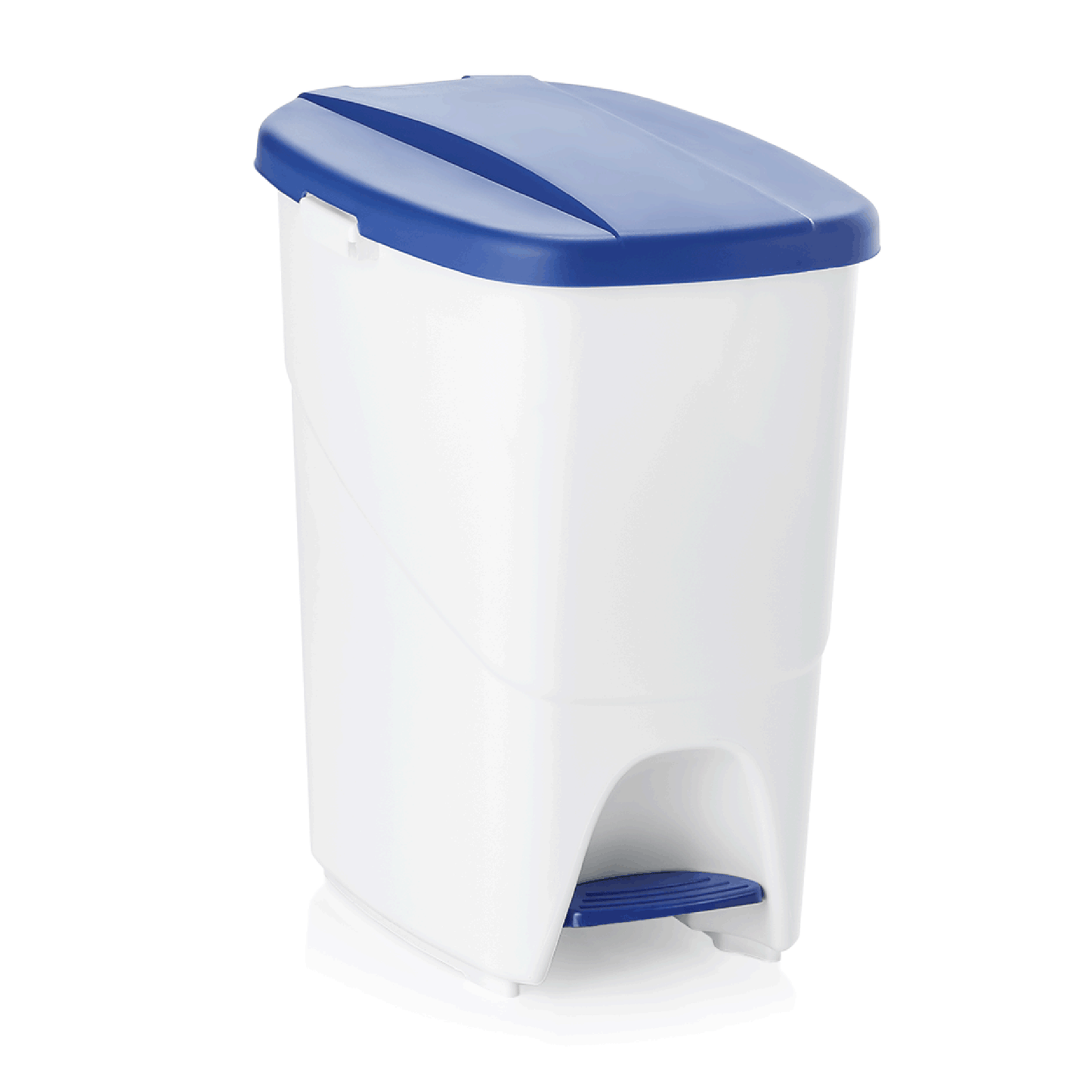 Mülleimer mit Fußpedal, blau-weiß.