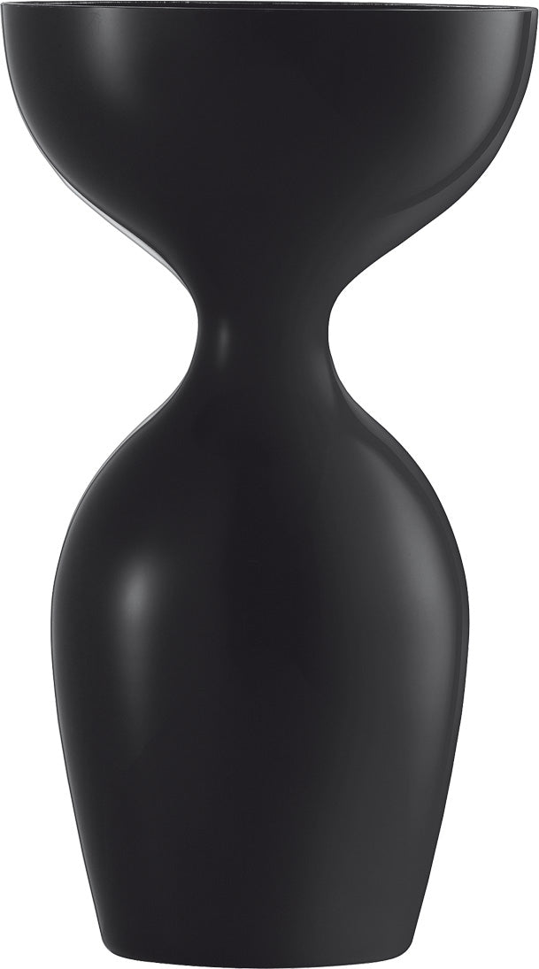 Schwarze, sanduhrförmige Vase.