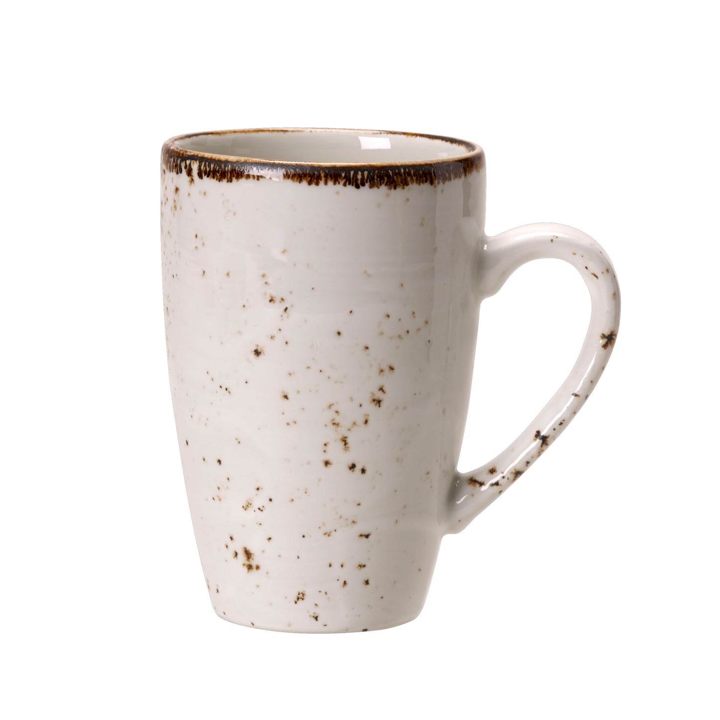 Weiße Tasse mit Sprenkeln.