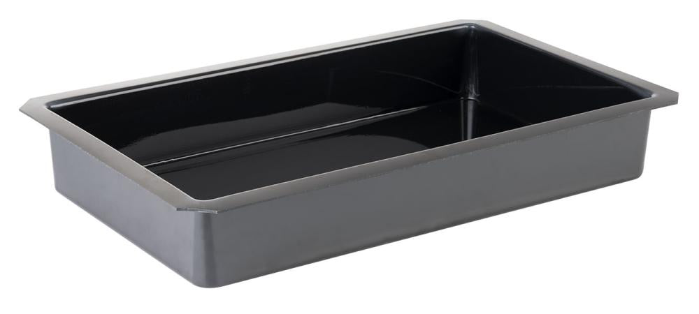 Schwarze GN-Behälter aus Metall.