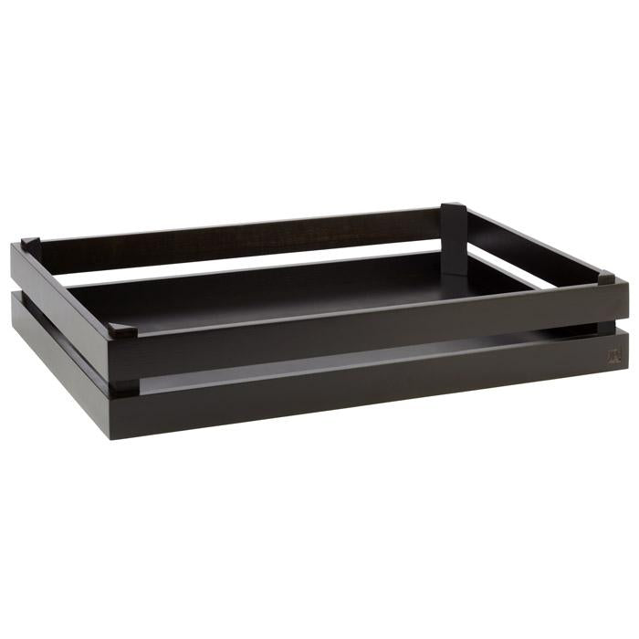 Schwarzes Tablett aus Holz.