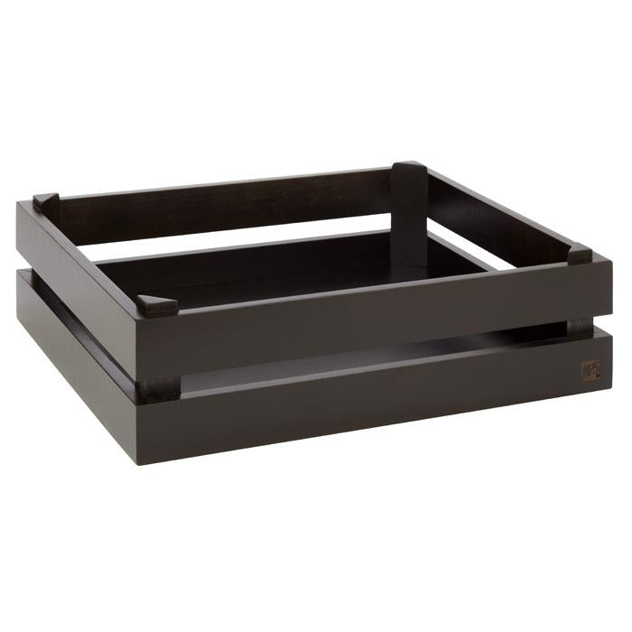 Schwarze Holzkiste für Gastronomiebedarf.