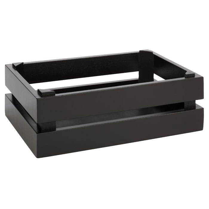 Schwarze Holzbox, rechteckig, leer.
