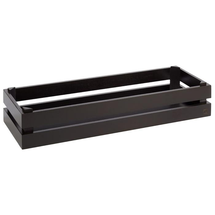 Schwarzes Tablett, rechteckig, Holzoptik.