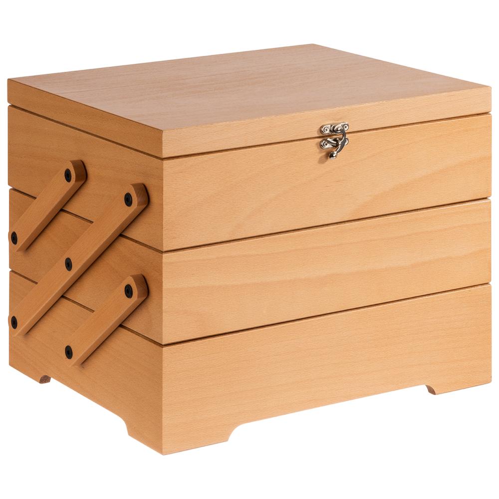 Holzbox mit Schubladen und Verschluss.