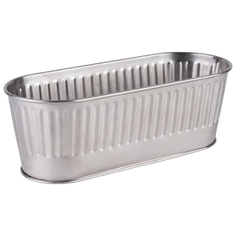 Metallbehälter, länglich, geriffelt, silbern.