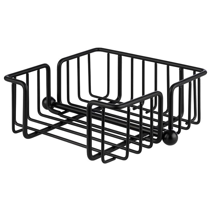Schwarzer Metallkorb für Servietten.