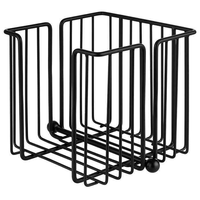 Schwarzer Metallkorb für Servietten.