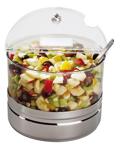 Fruchtsalat in transparentem Behälter.
