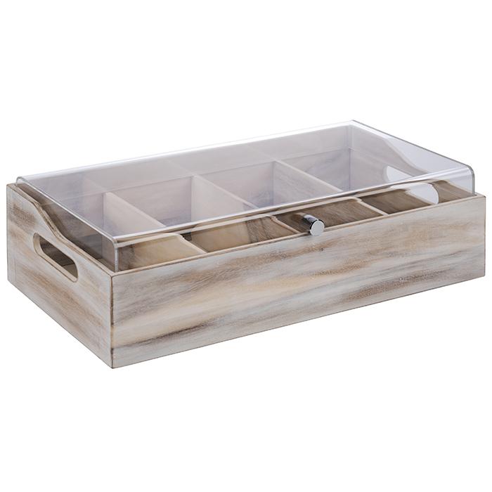 Holzbox mit Fächern und Deckel.