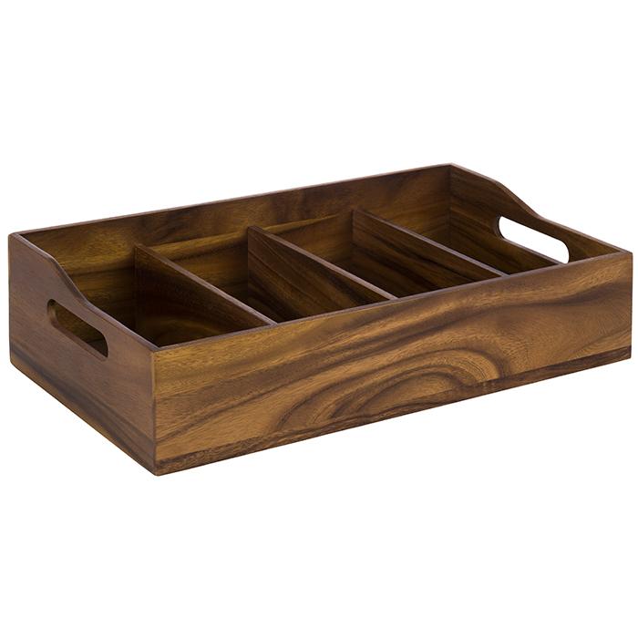 Holztablett mit Fächern und Griffen.