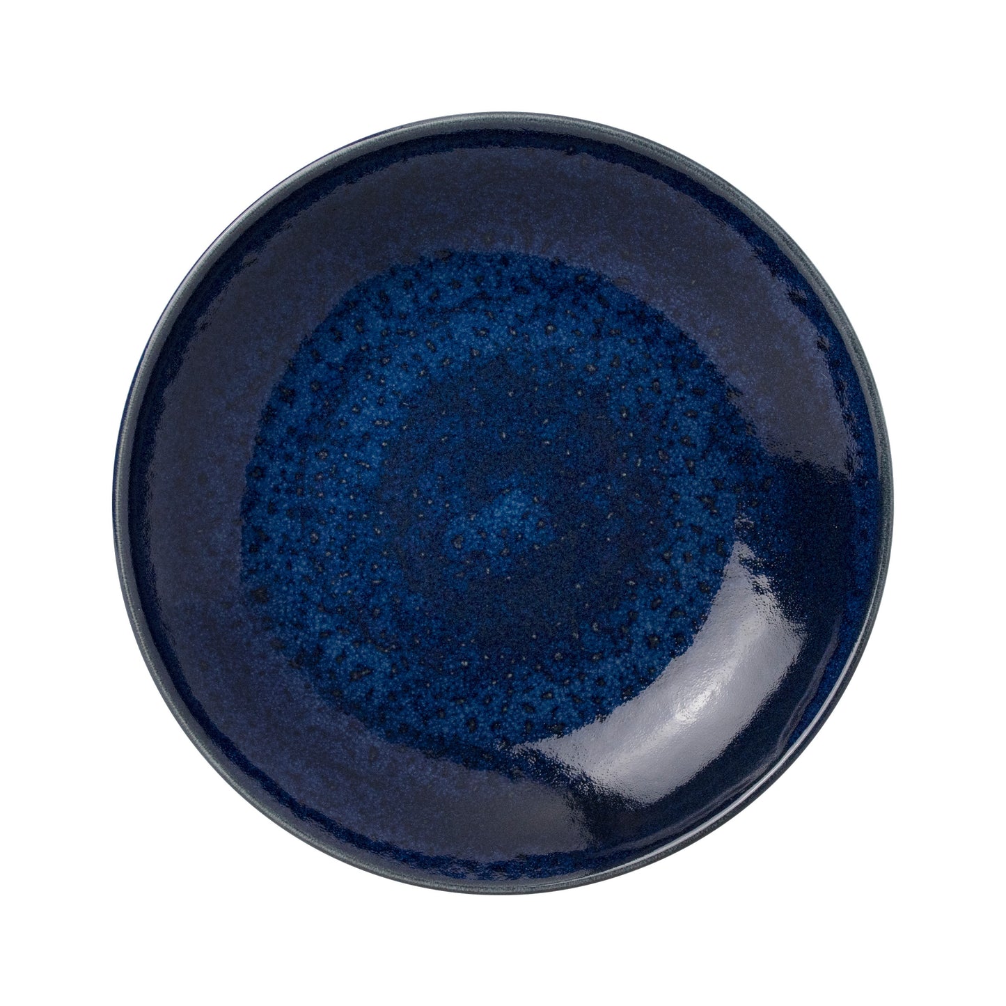 Blauer, runder, keramischer Teller.