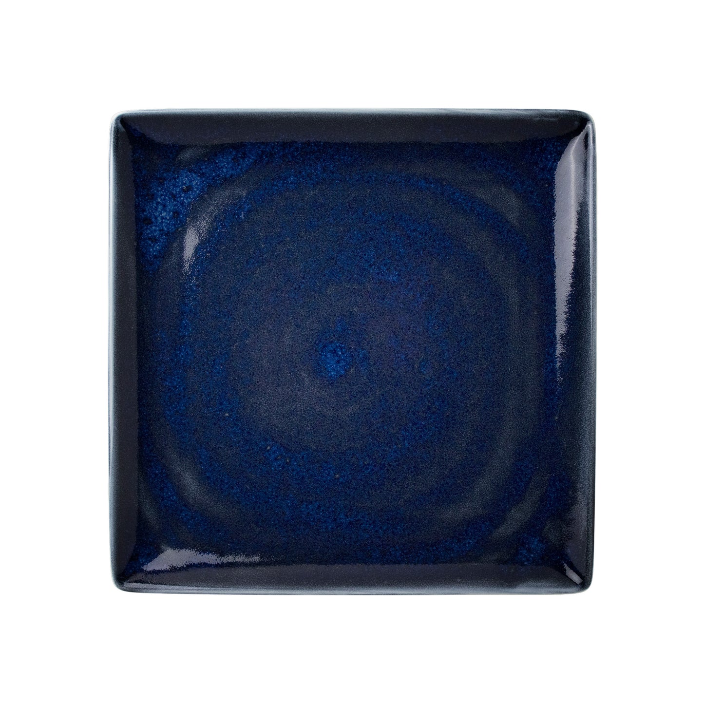 Quadratischer, blauer Teller, Draufsicht.