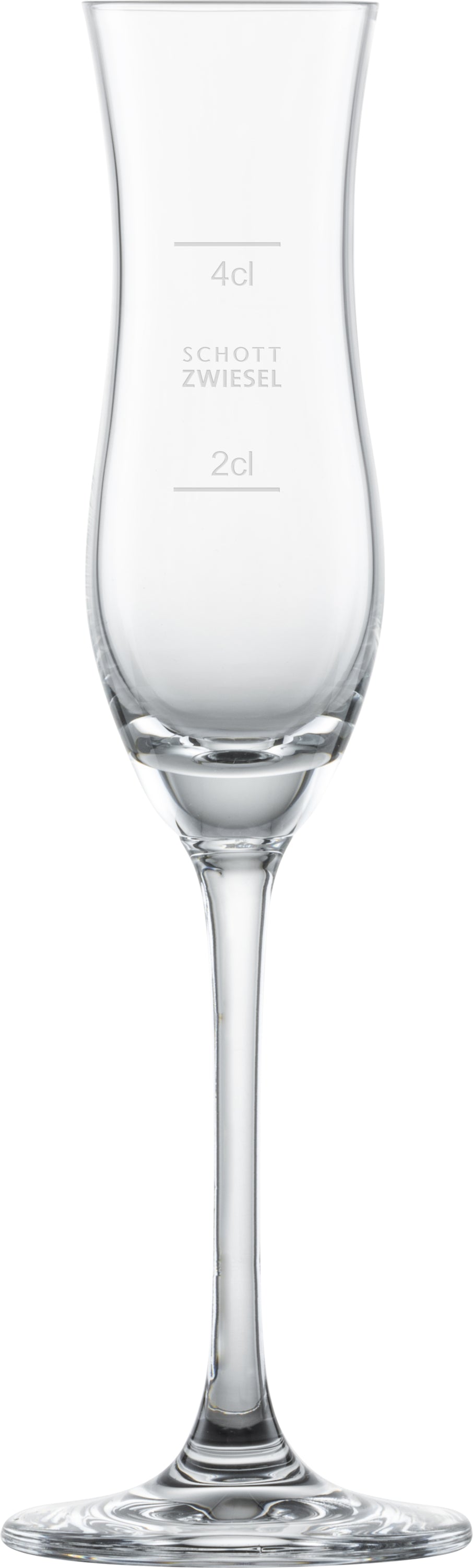 Schlankes Glas mit Füllmarkierungen.