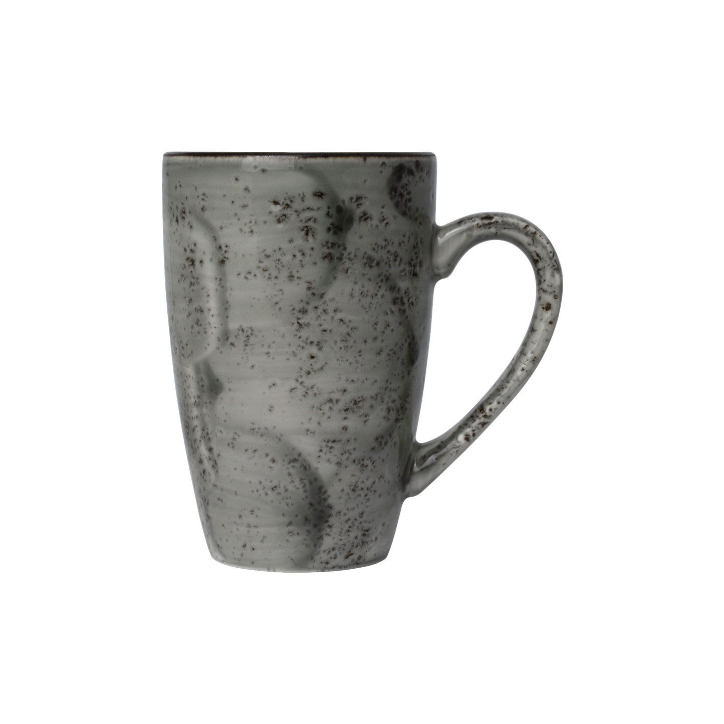 Graue, gesprenkelte Keramiktasse.