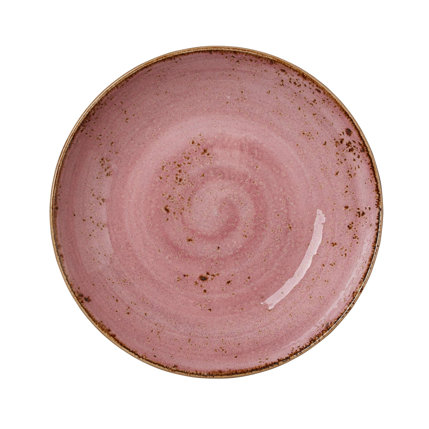 Rosa Keramikteller mit Spiraldesign.