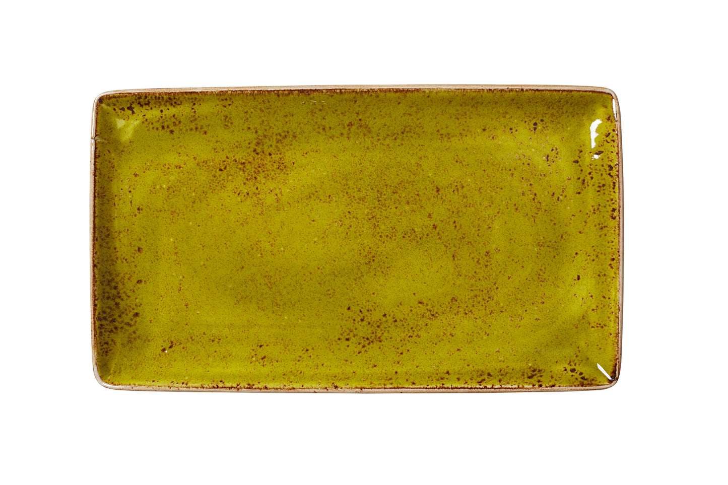 Rechteckiger, grüner Keramikteller, leer.