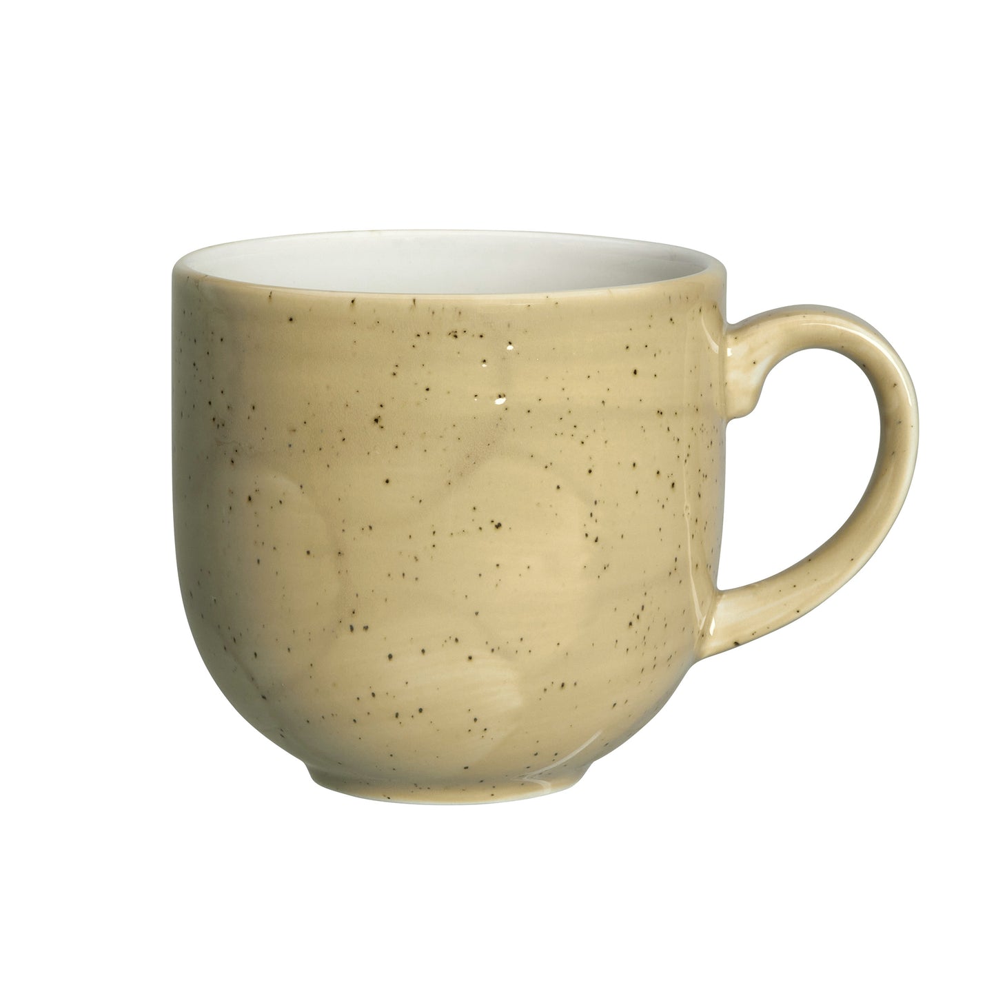 Beige Tasse mit Henkel.