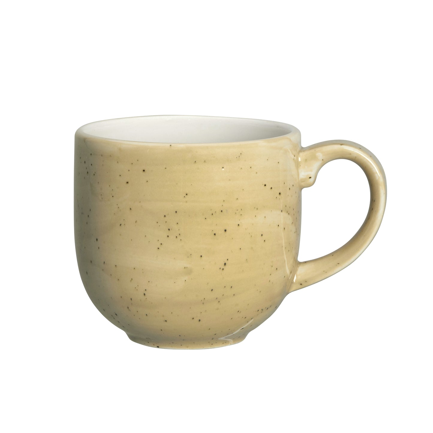 Beige Tasse mit Henkel.