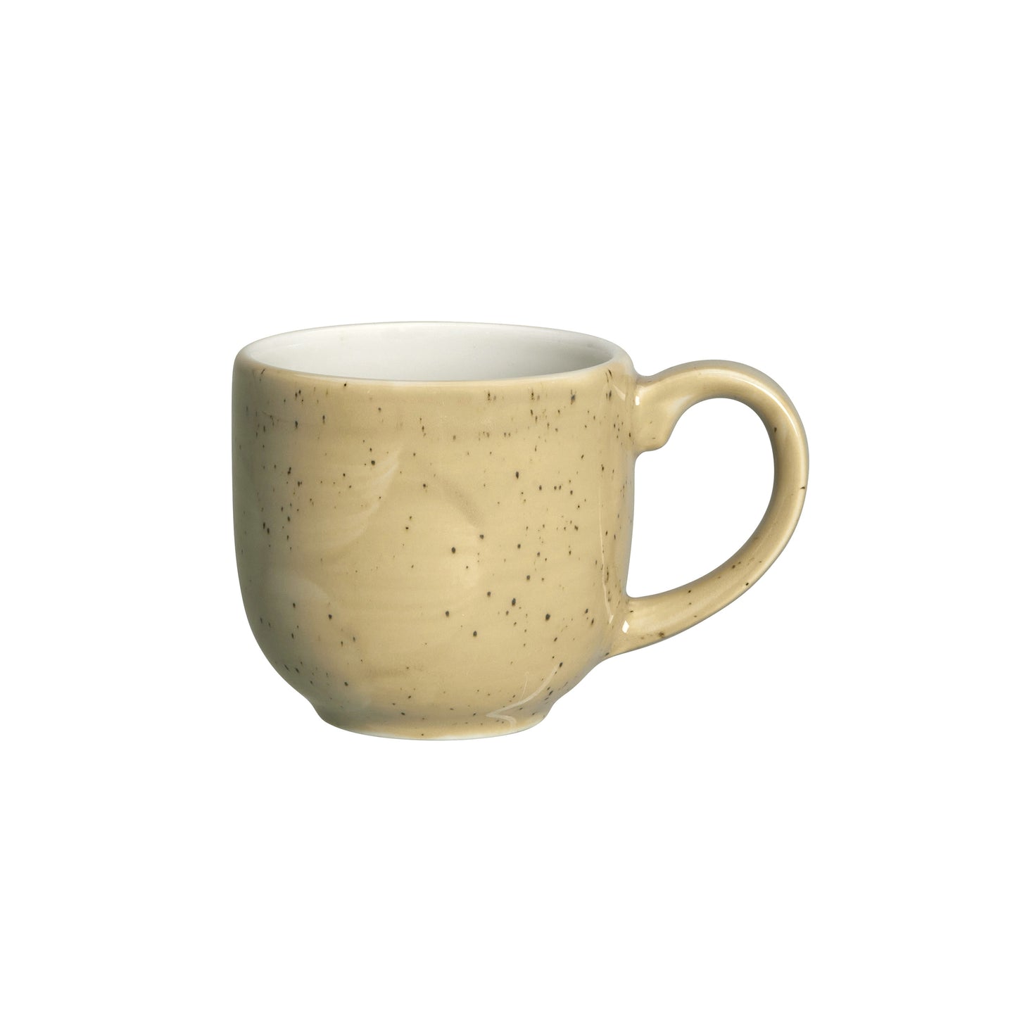 Beige Tasse mit Henkel.