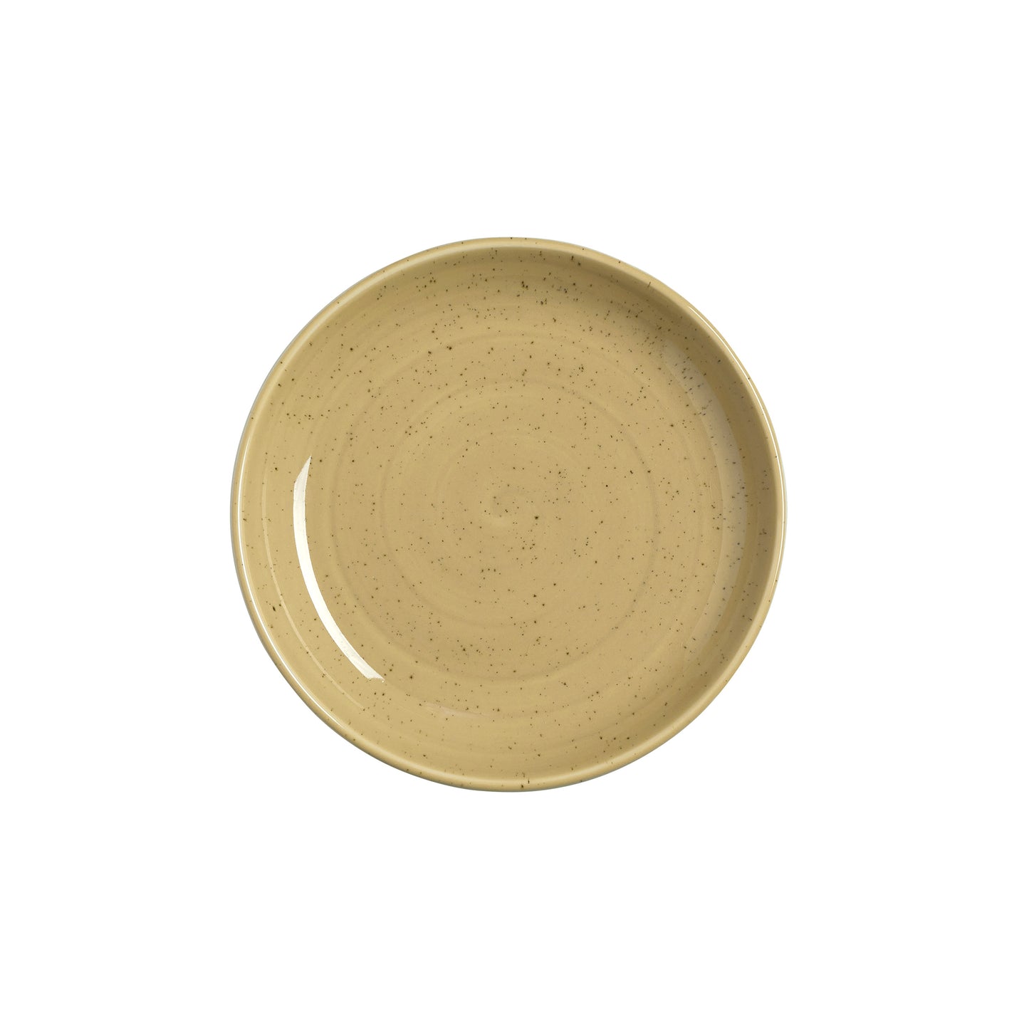Leerer, beige, gesprenkelter Teller.