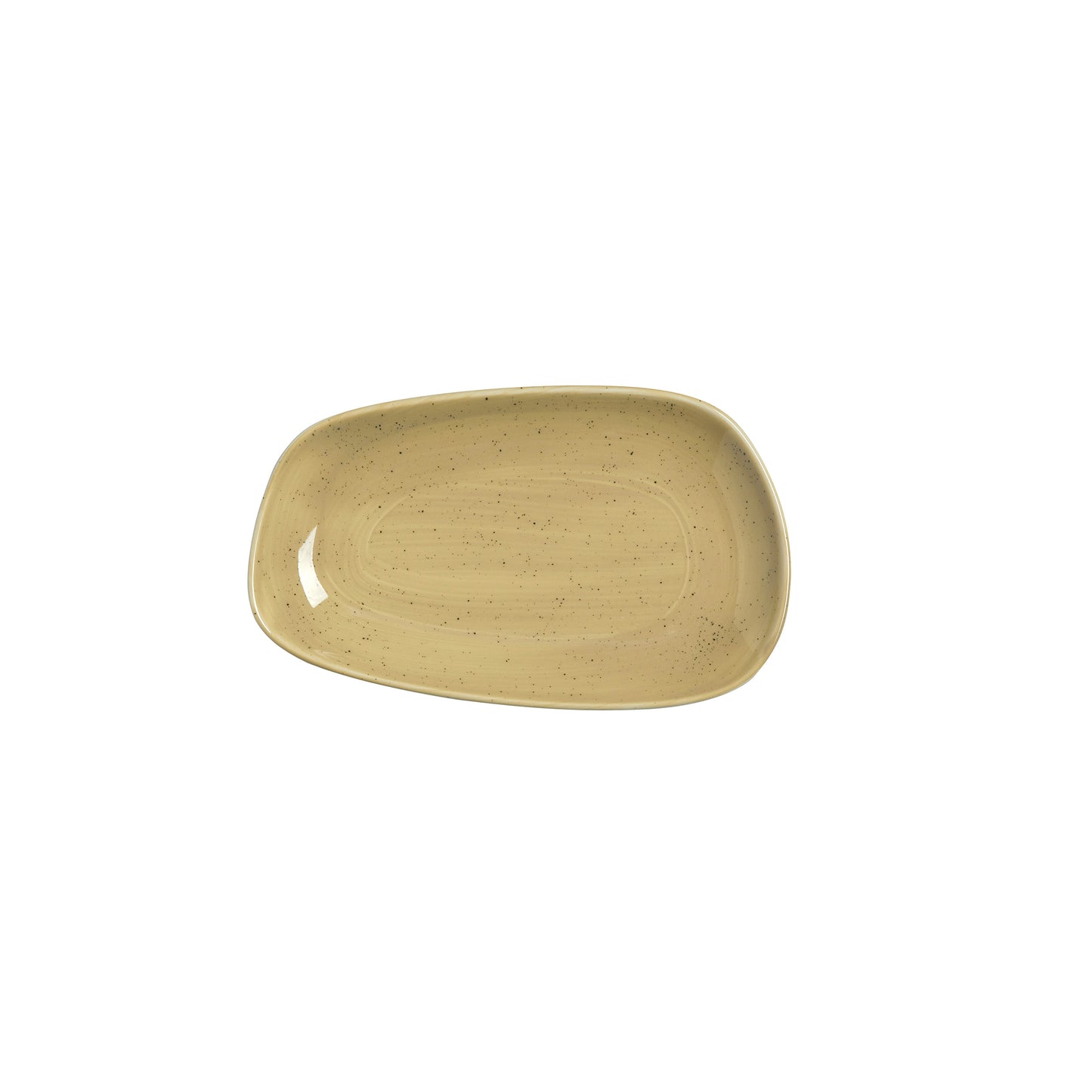Leerer, beige, rechteckiger Teller.