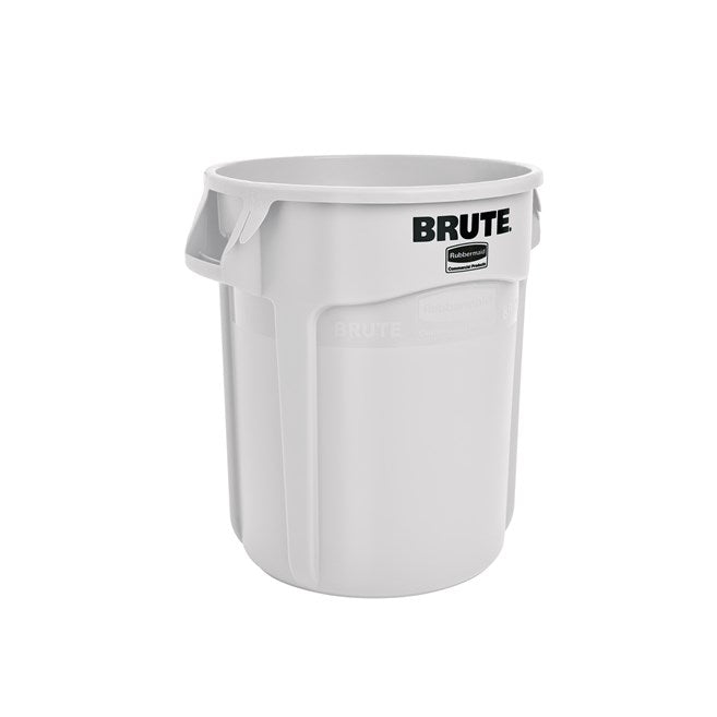 Grauer Mülleimer mit BRUTE-Logo.