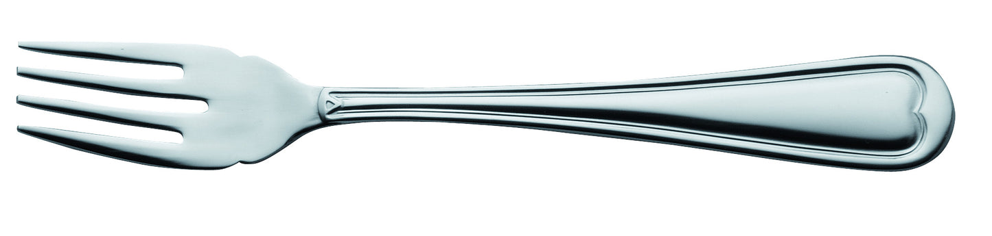 Silberne Gabel auf weißem Hintergrund.