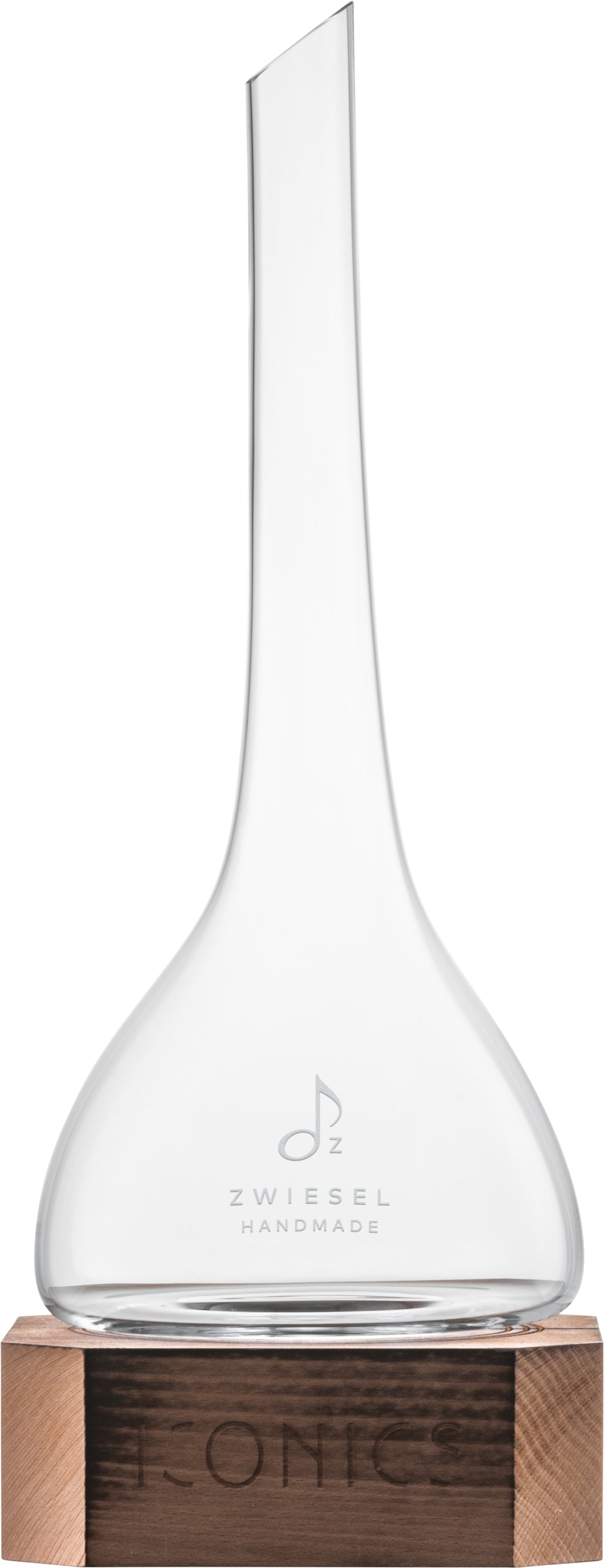 Dekanter auf Holzsockel, Zwiesel-Logo.
