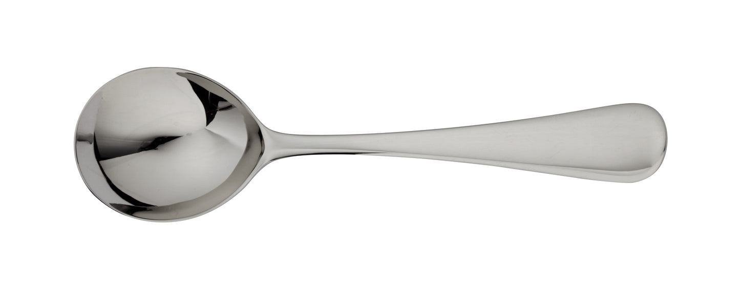 Silberne Suppenkelle aus Edelstahl.