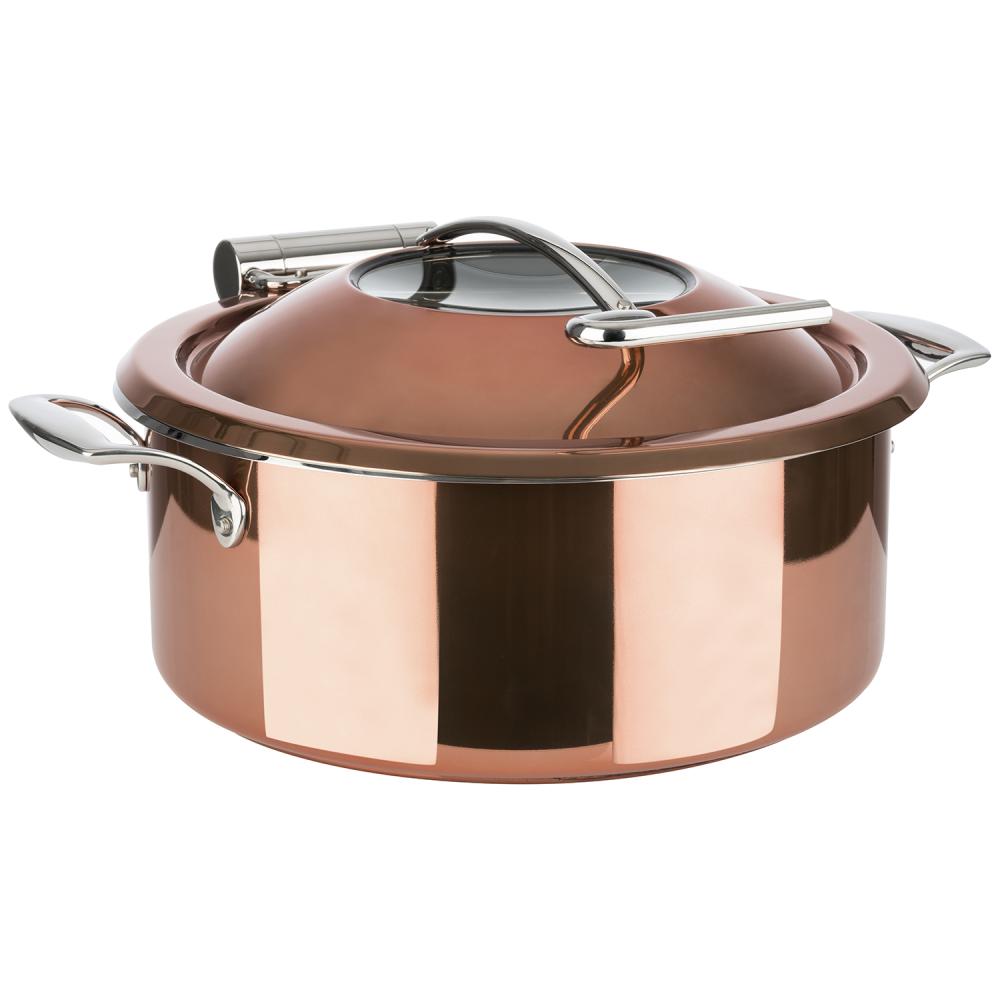 Kupferfarbener Topf mit Deckel.