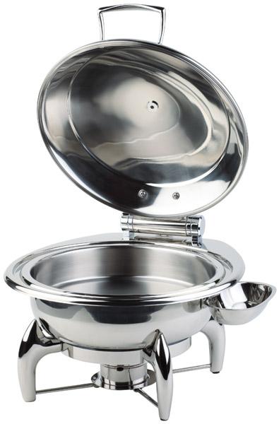Runder Edelstahl-Chafing-Dish geöffnet.