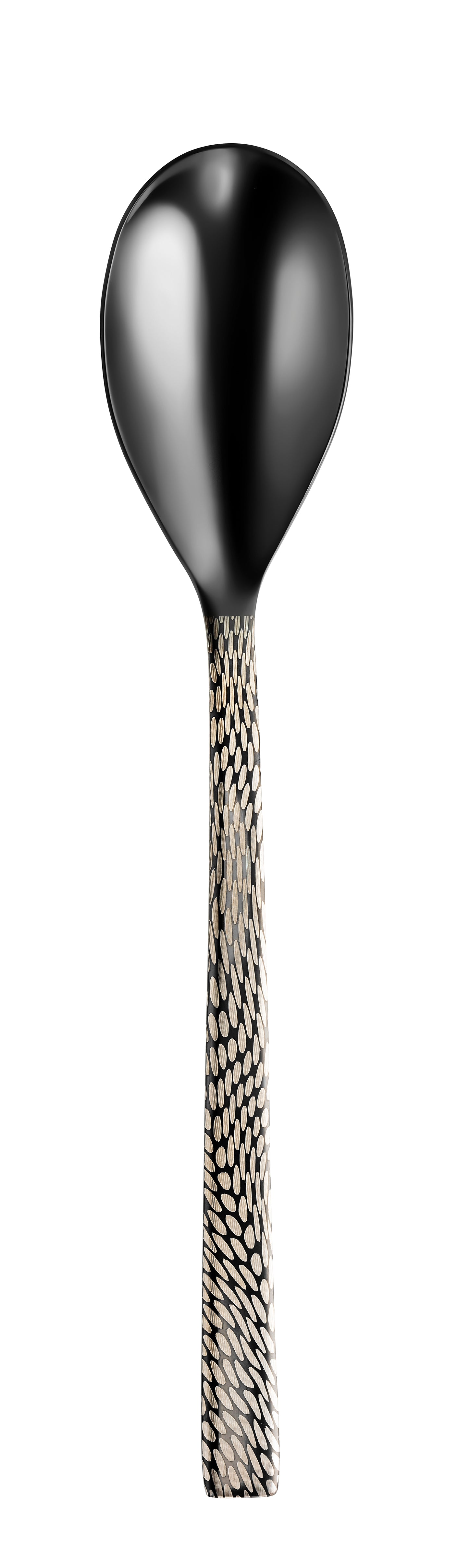 Schwarzer Löffel mit gemustertem Griff.