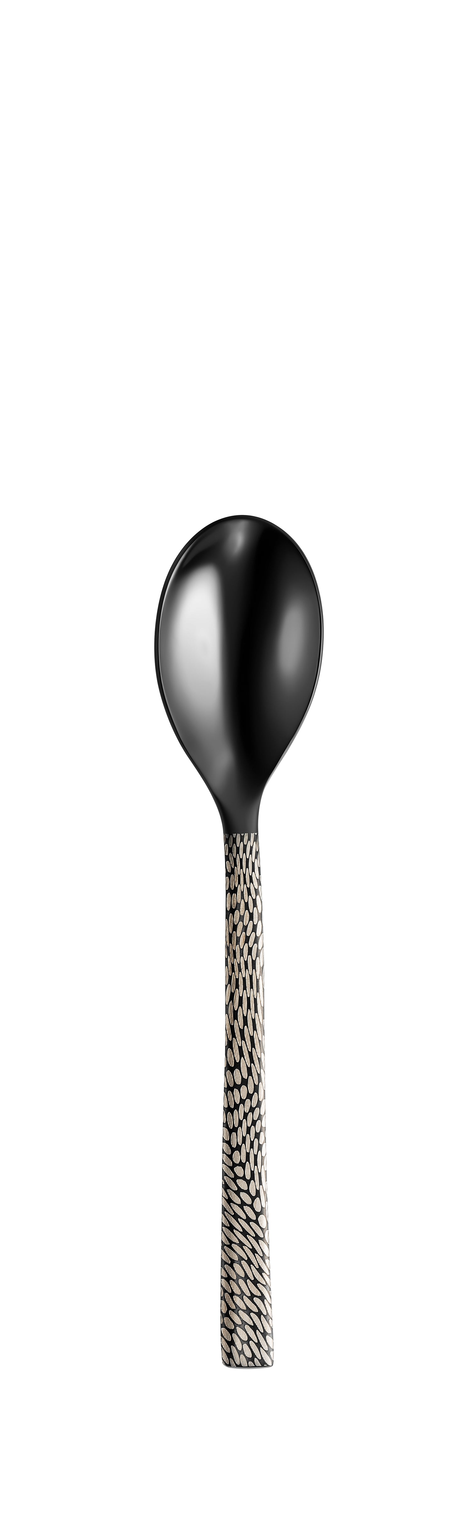Schwarzer Löffel mit gemustertem Griff.