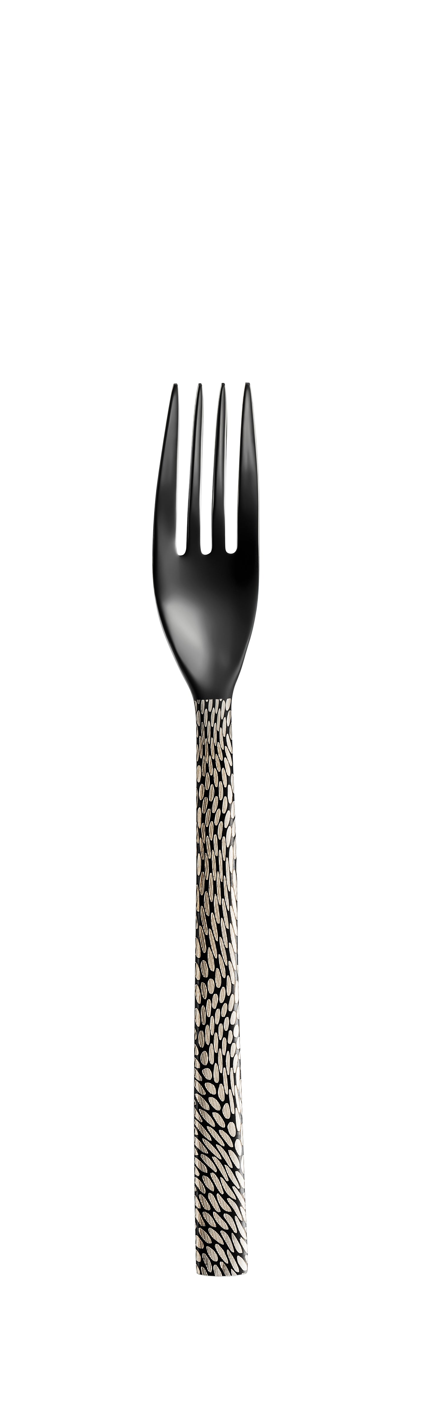 Schwarze Gabel mit gemustertem Griff.