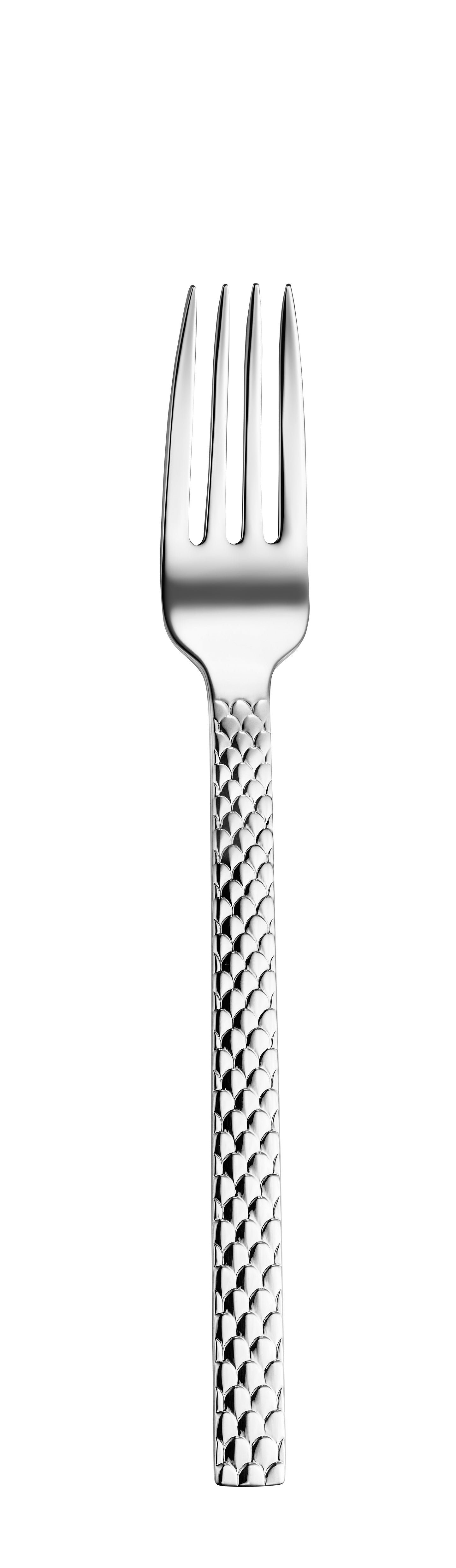 Silberne Gabel mit strukturiertem Griff.
