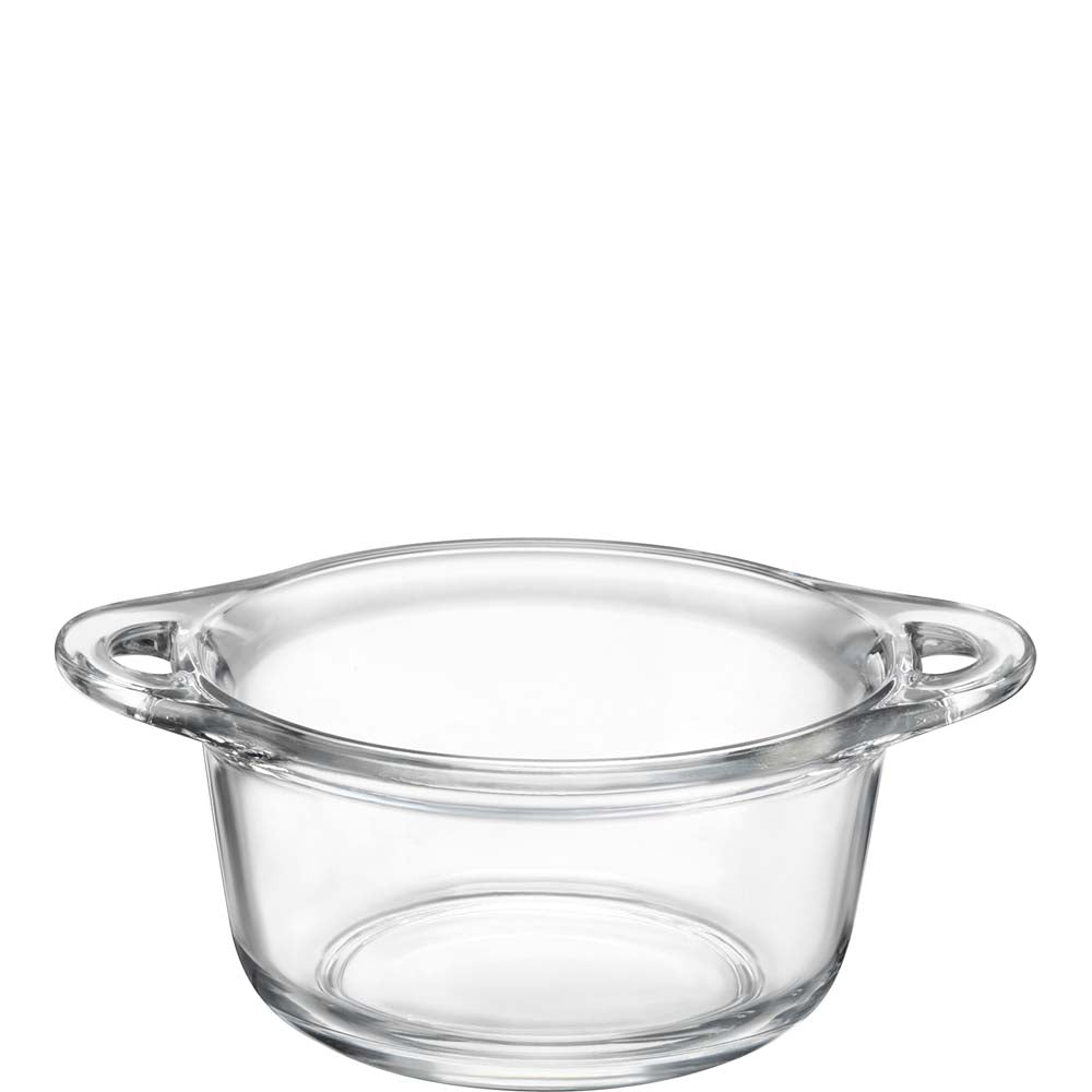 Glasauflaufform mit Griffen.