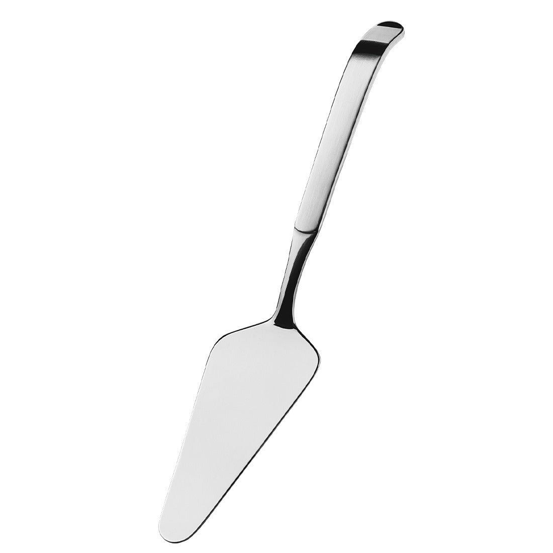 Tortenheber aus Edelstahl mit gebogenem Griff.